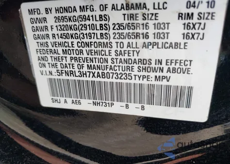 2010 Honda Odyssey Ex-L from USA, damaged, VIN 5FNRL3H7XAB073235